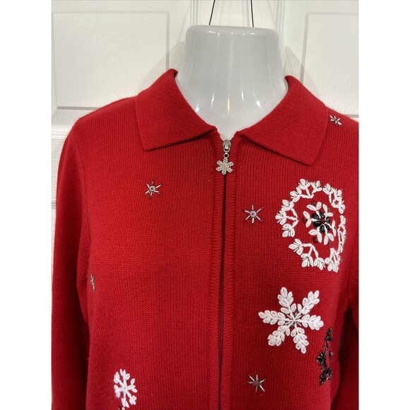 Allison Daley Cardigan Women's M Full Zip Red Christmas Sweater Snow Flakes - Picture 5 of 12